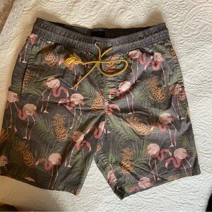 Mens M Valor Collective Gray Swim Shorts with pink flamingos/pineapples print